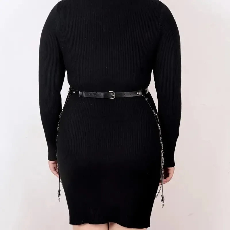 Black PU leather waist chain with adjustable bandage binding and buckle detail.
