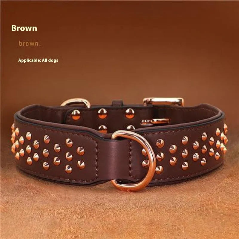 Leather dog collar with anti-bite rivets in black, chocolate, or pink colour, sizes L and XL