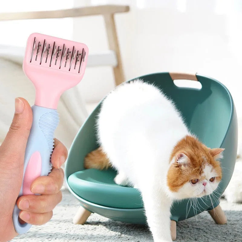 Stainless steel dog comb with knot knife measuring 170mm, available in pink or purple colours for pet grooming