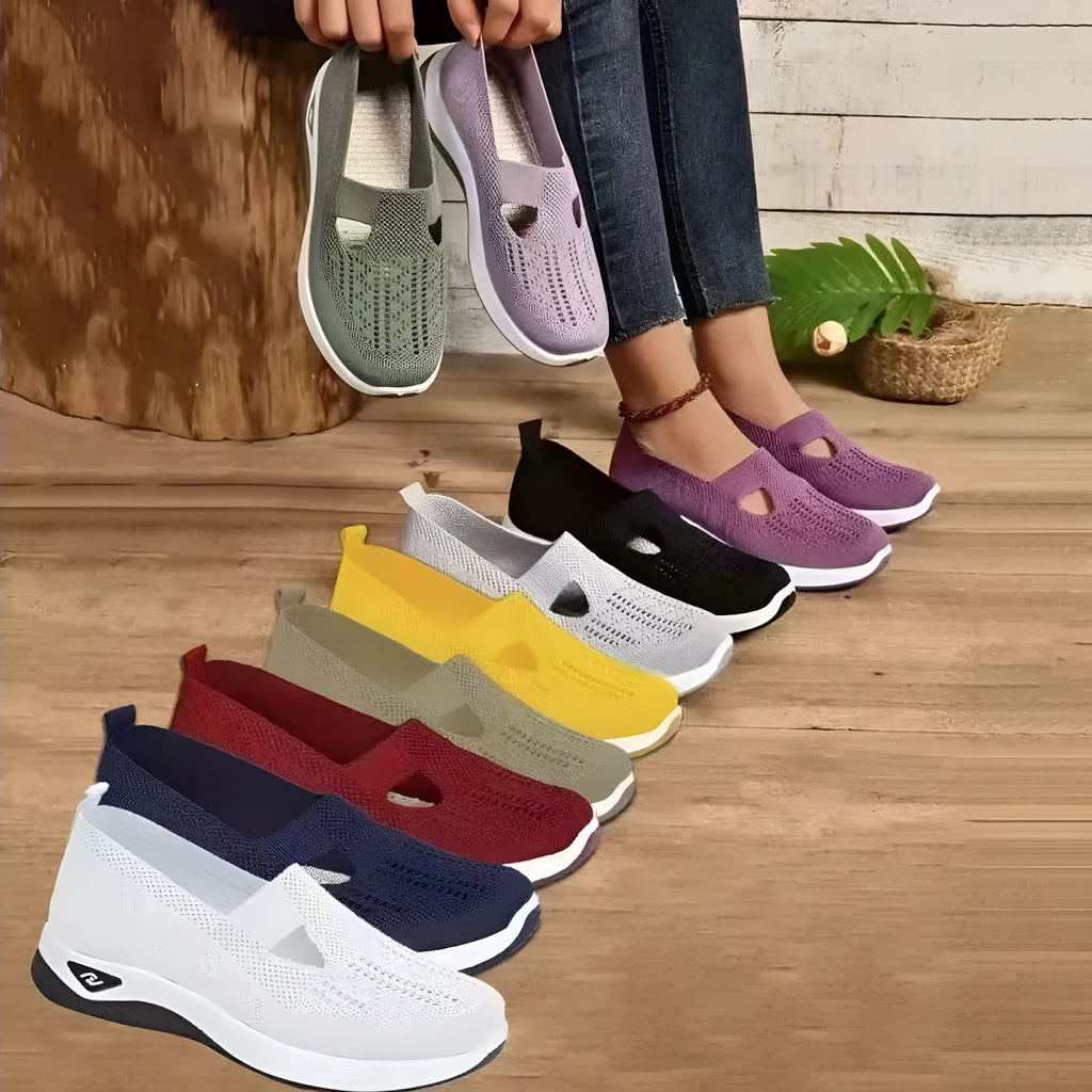 Women's soft sole casual mesh shoes in multiple colours with T-strap and flat heel design
