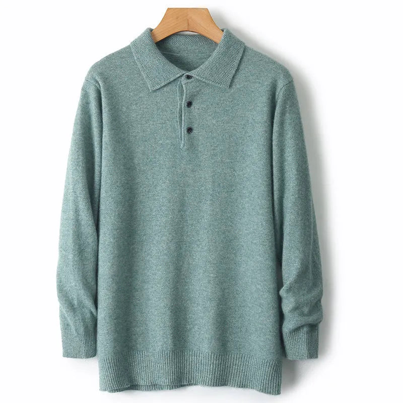 Men's wool sweater with polo collar and long sleeves in collage stitching design, available in seven colours including noble blue