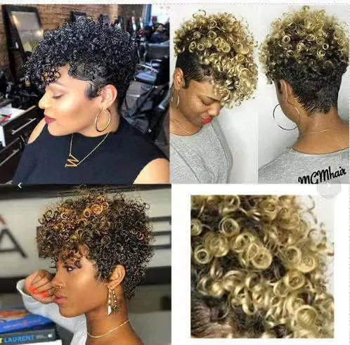 Women's simple rolls short synthetic wig in exotic style showing black, brown, gold, and grey colour options