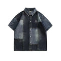 Men's blue loose-fit denim shirt with retro washed finish and cardigan style.