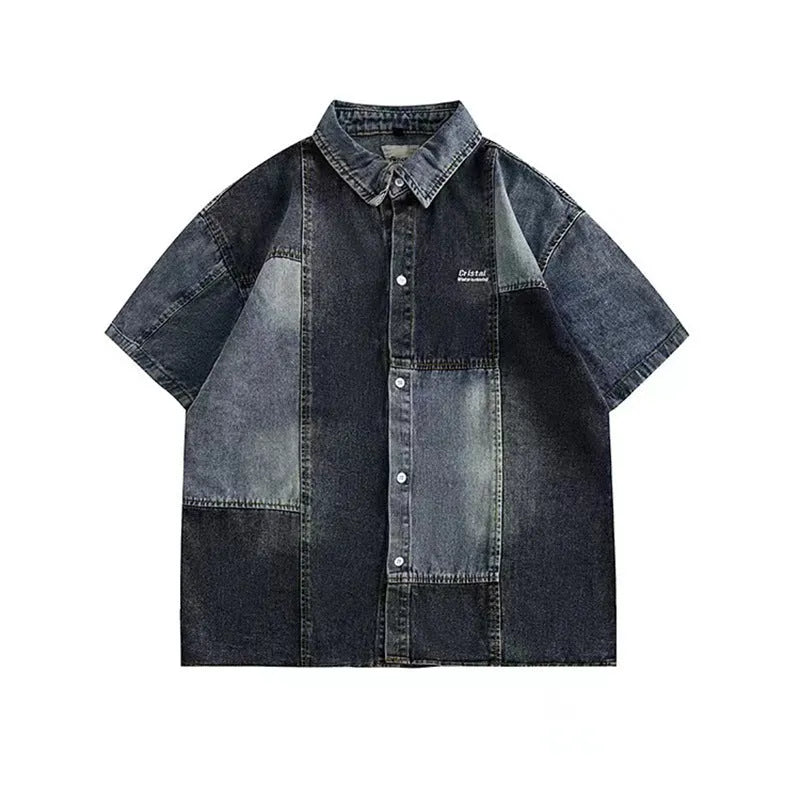 Men's blue loose-fit denim shirt with retro washed finish and cardigan style.