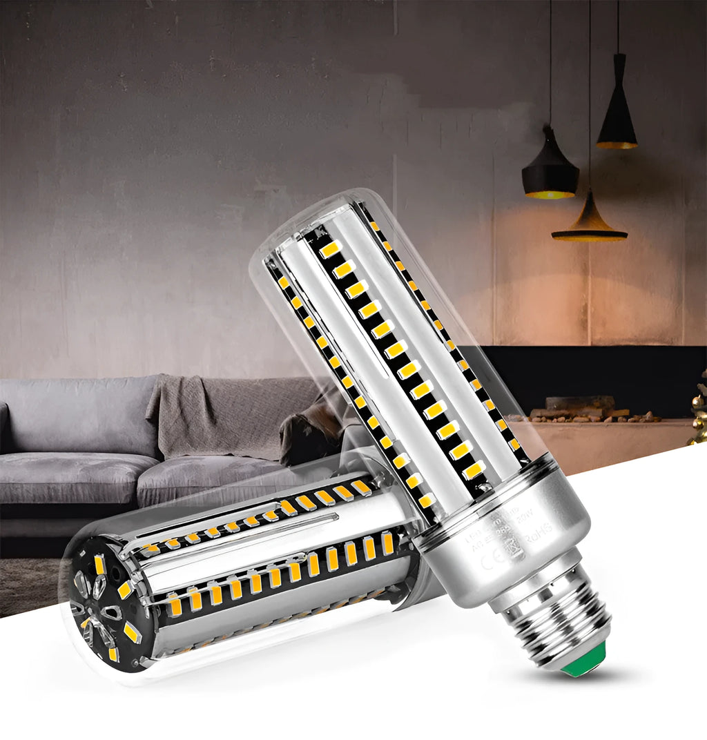 25W LED corn light bulb with aluminium heat sink fins, E27 base, shown in warm white and cool white.