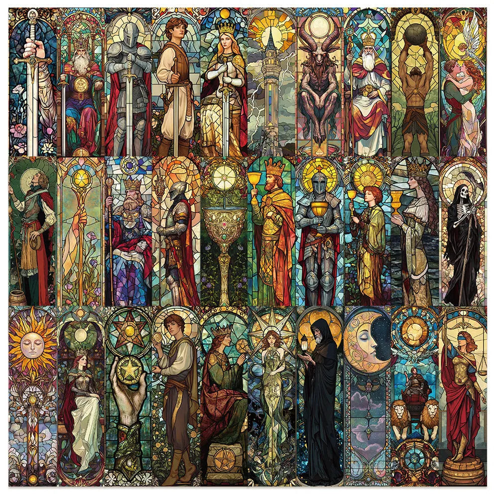 30 handmade paper bookmarks with painted tarot designs, each measuring 5.5cm by 15cm