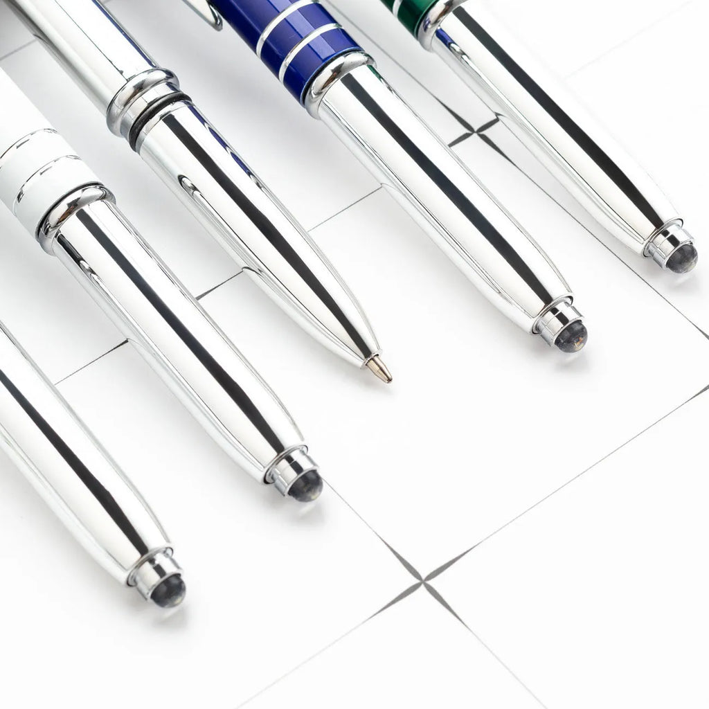 Multifunctional metal pen with capacitive stylus tip and LED light in five colour options