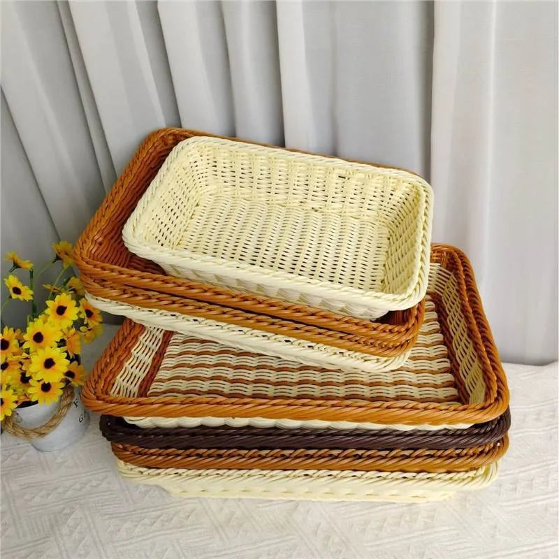 Rattan-look PP storage box, 35x25x7 cm, for fruit, vegetables, and snacks, in brown or cream