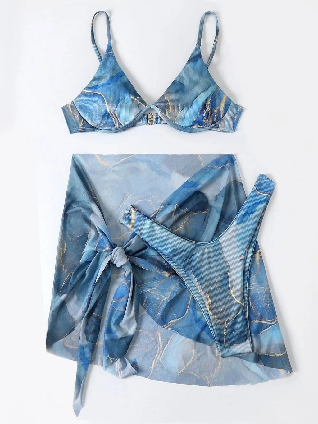Women's marble print bikini swimwear set showing bra, panties, and skirt in green colour.