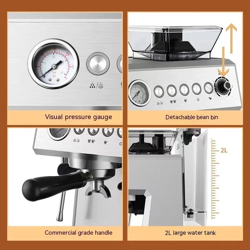 Silver gray fully automatic Italian coffee machine with 2L water tank, 20Bar pump, 200g bean storage, and EU plug.