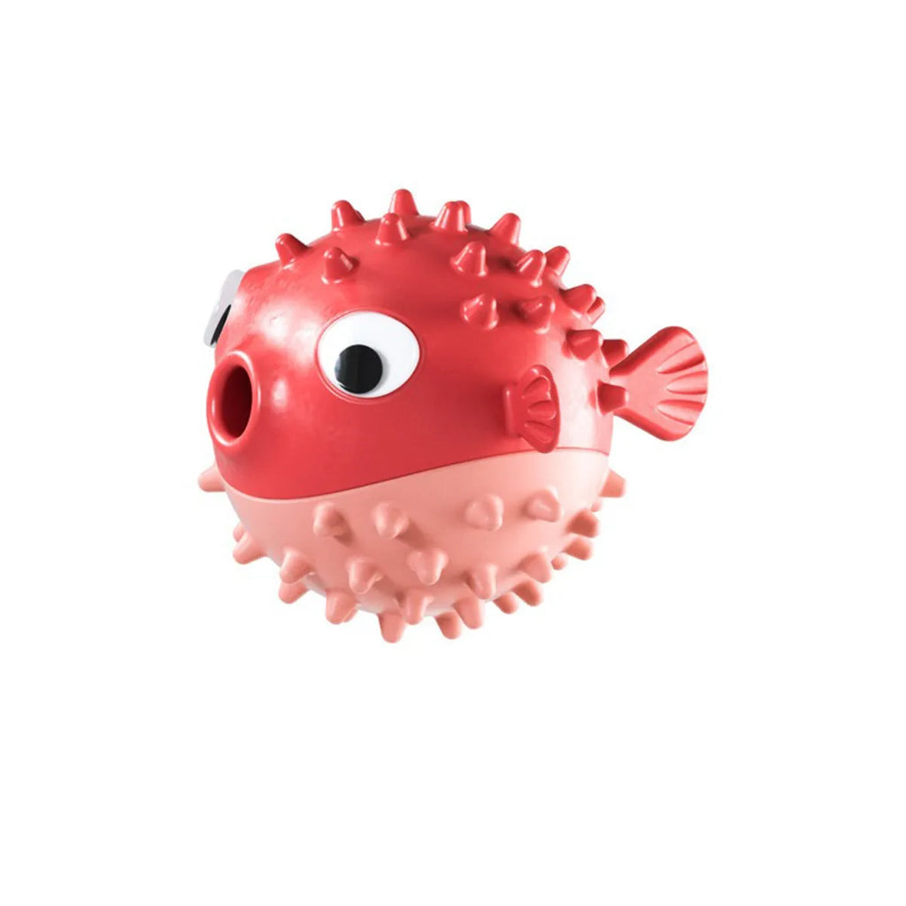 Yellow fish-shaped dog chew toy with textured surface and squeaker, measuring 20cm long