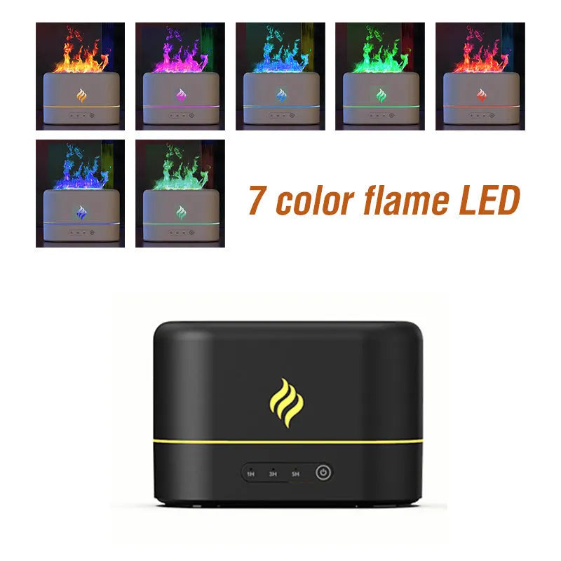 Compact black and white seven-colour flame effect aromatherapy humidifier with USB port and mist outlet.