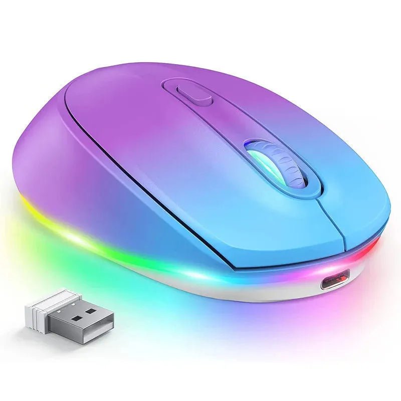 24g wireless mouse with ergonomic design showing seven colour options and USB charging cable
