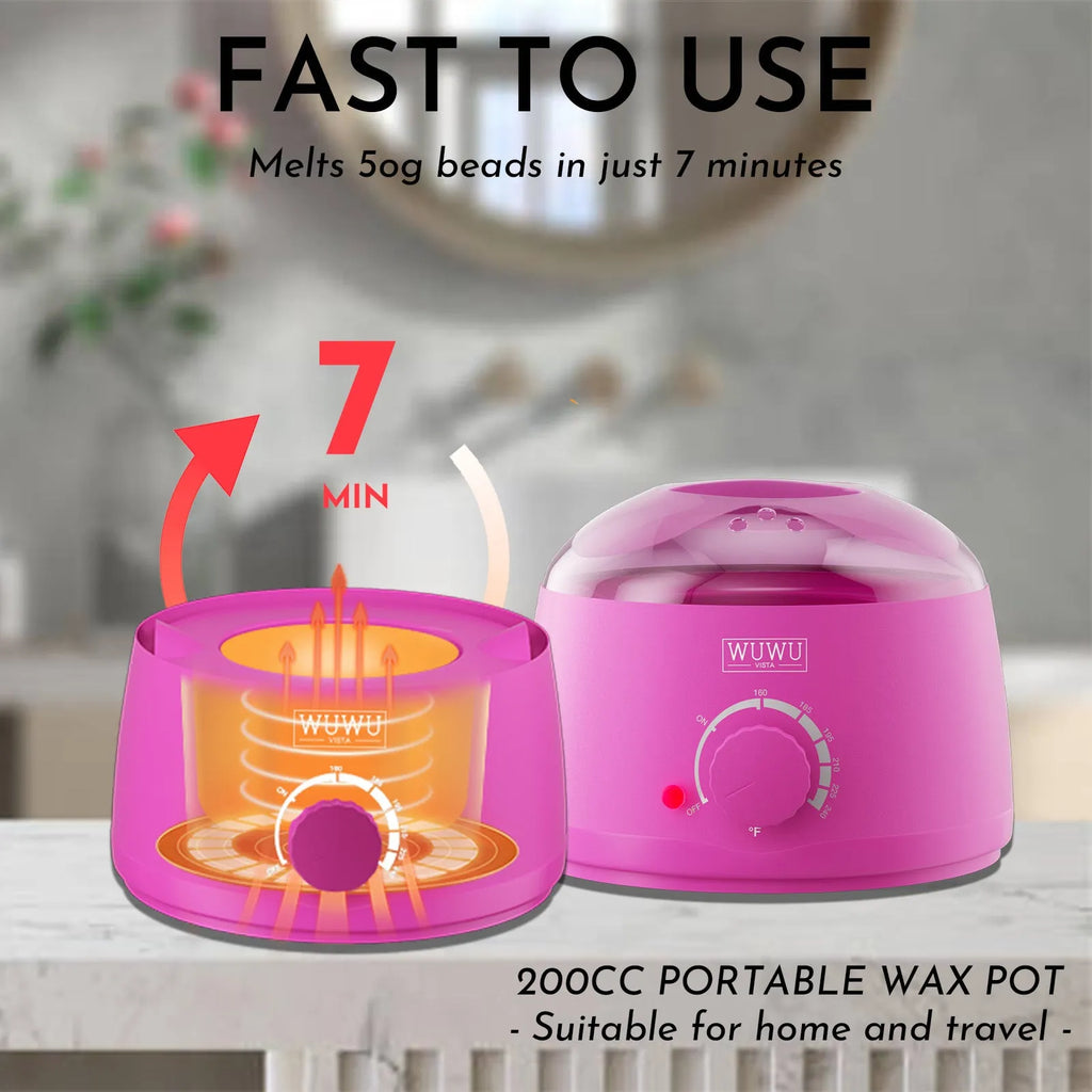 WUWUVISTA waxing kit with 200cc warmer, wax beads, and 63 pieces for home hair removal