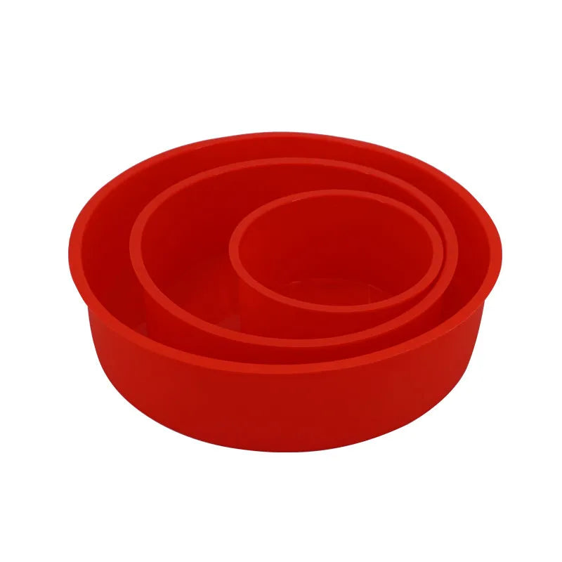 Red round silicone cake mould showing three sizes: 4-inch, 6-inch, and 8-inch diameters