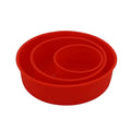 Red round silicone cake mould showing three sizes: 4-inch, 6-inch, and 8-inch diameters
