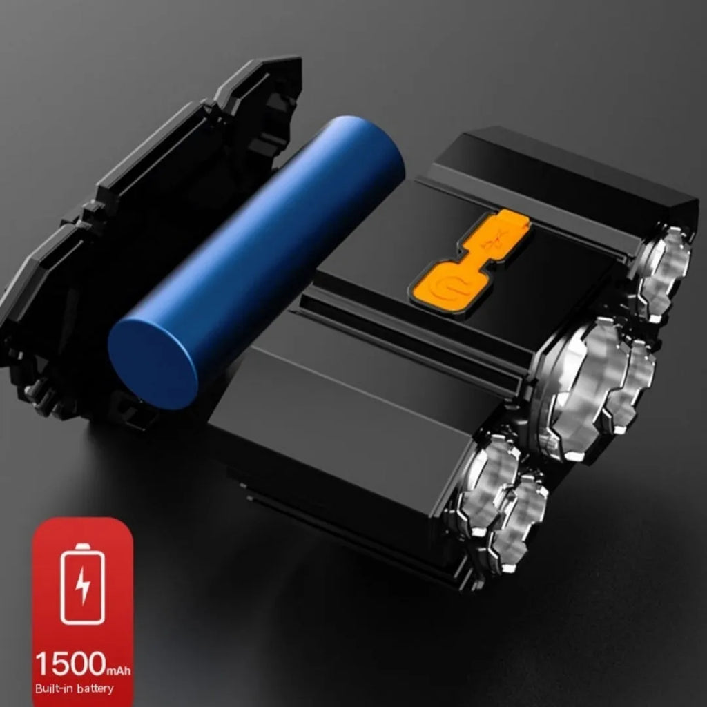 Head-mounted LED miner's lamp with adjustable strip, PVC construction, 10W power, 2400mAh battery
