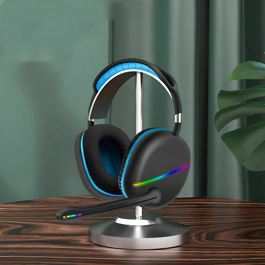 Blue over-ear wireless Bluetooth headset with illuminated RGB lights on the ear cups.