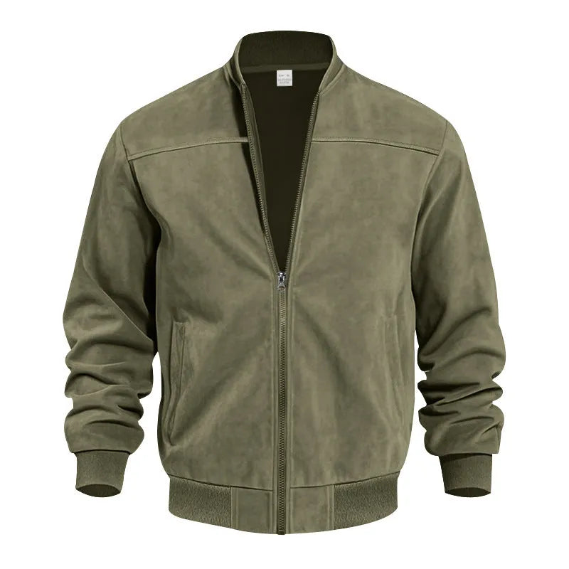 Men's plus size suede jacket in army green with zipper front and regular sleeves