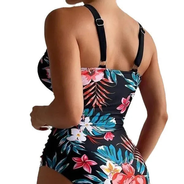 Women's floral one-piece swimsuit with backless design in black, blue, red, or rose red, showing high elasticity spandex material