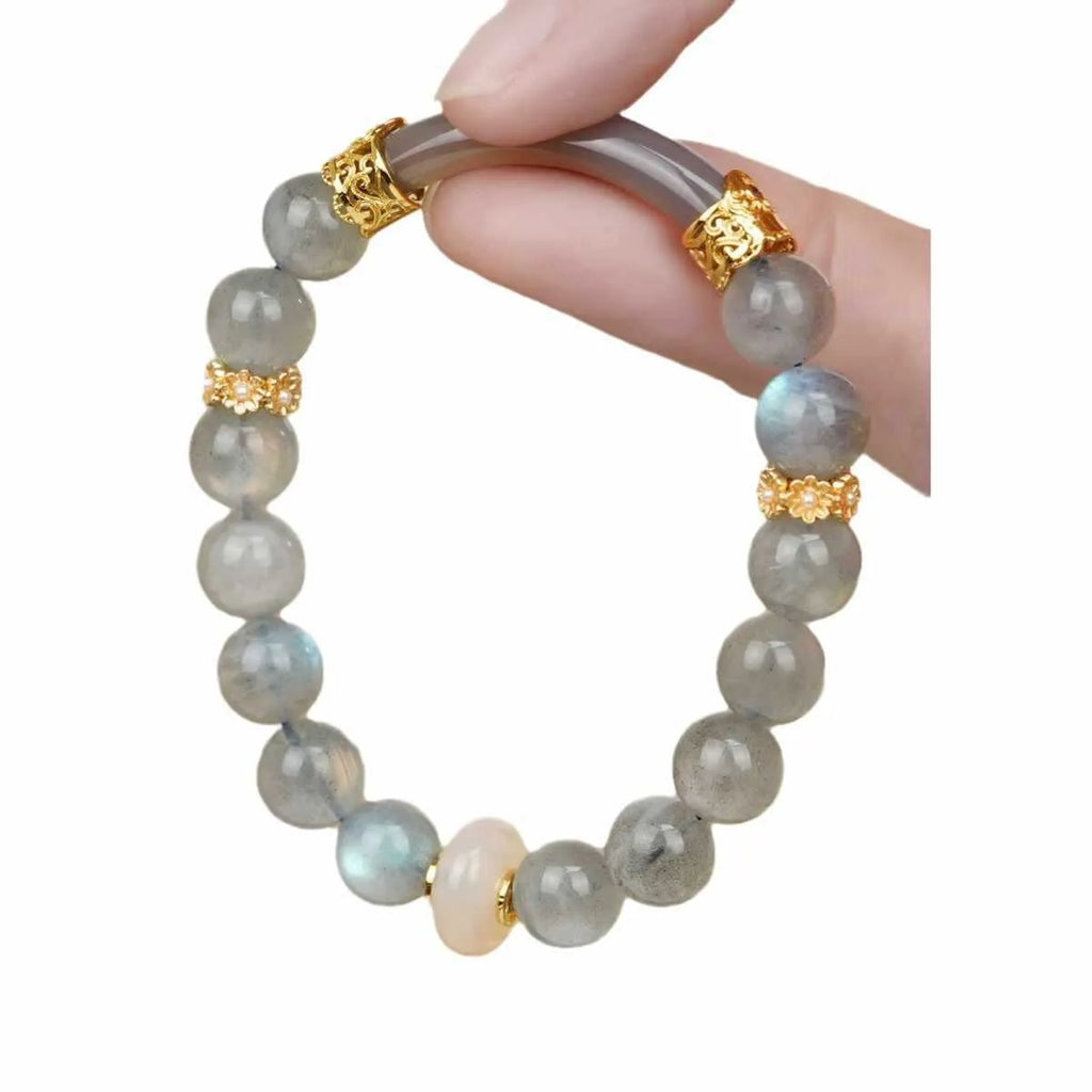 Gray moonstone agate women's bracelet with 8mm round beads in half-bracelet design