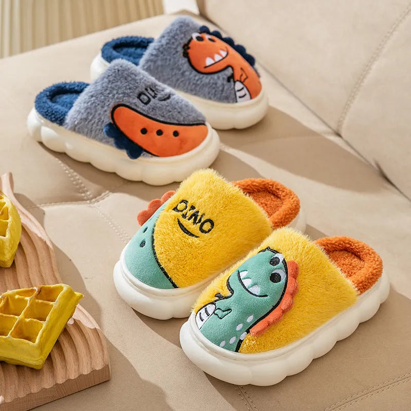 Cotton plush slippers with dinosaur design in grey, coffee, or orange colours for indoor warmth