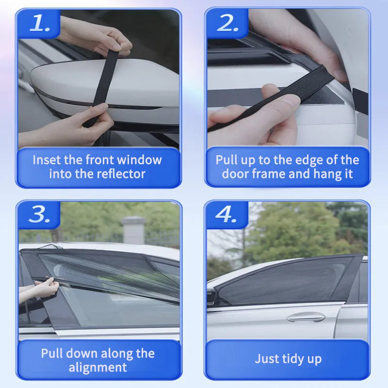 Car side window screen with double mesh installed on SUV window, showing elastic strip fixation