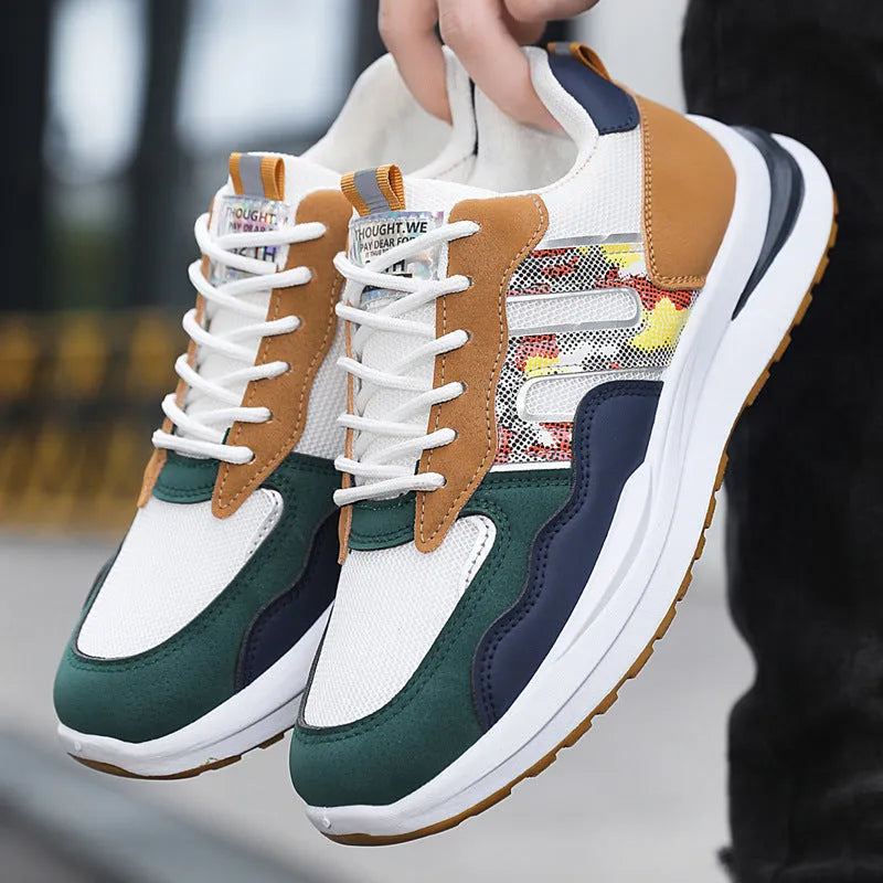 Men's white green mesh sports casual shoes with a leather toe holder on a plain background.