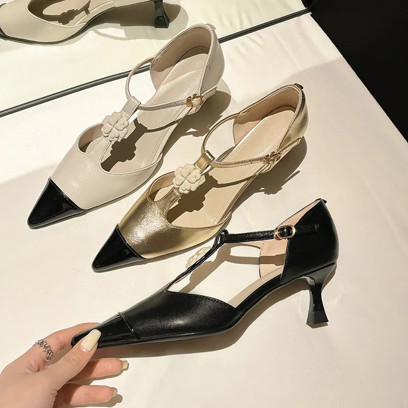 Women's flower stiletto heel pointed toe shoes in black, gold, or milky white with 3-5cm heel and buckle details