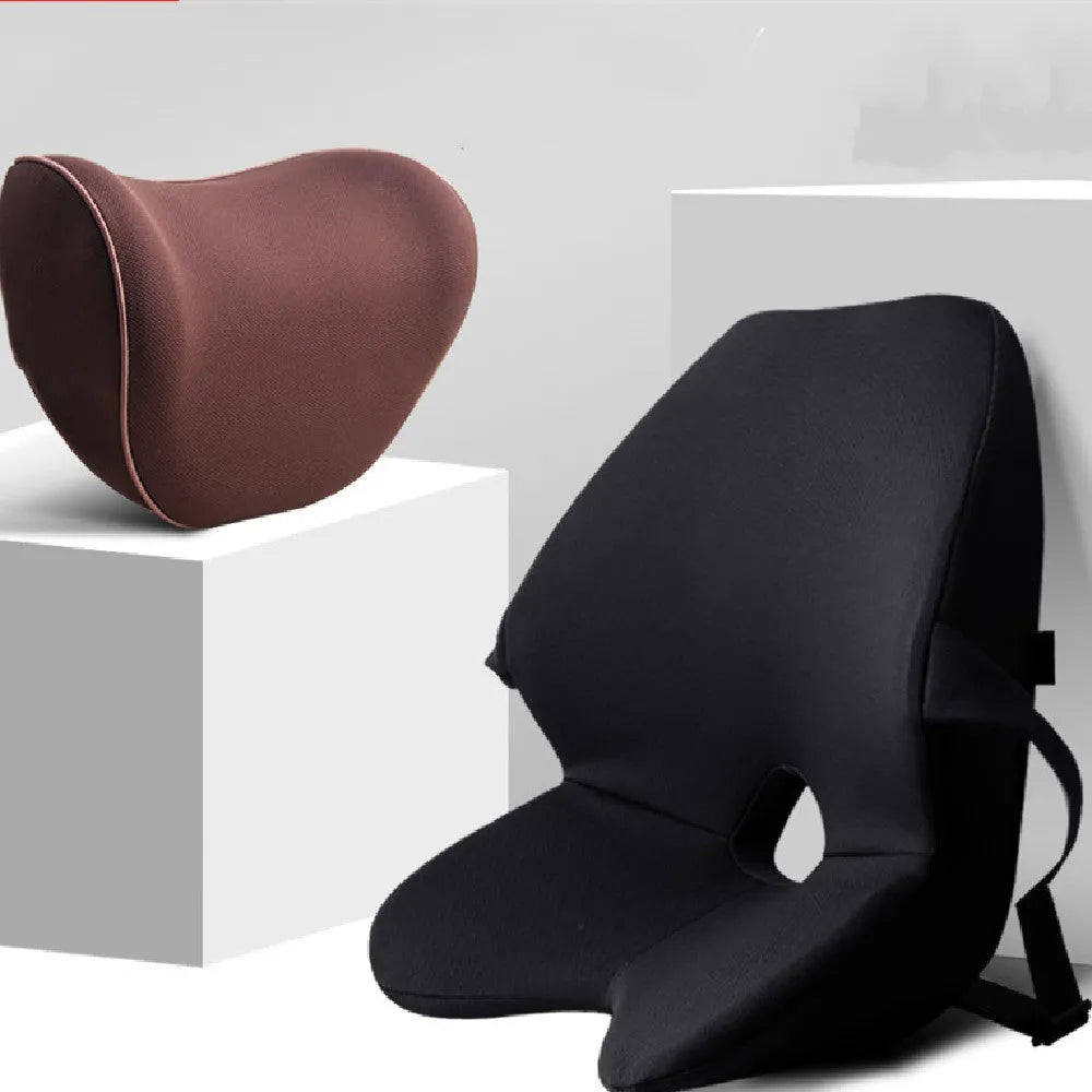 Car waist pad with memory cotton filling in black colour, showing adjustable straps for seat attachment