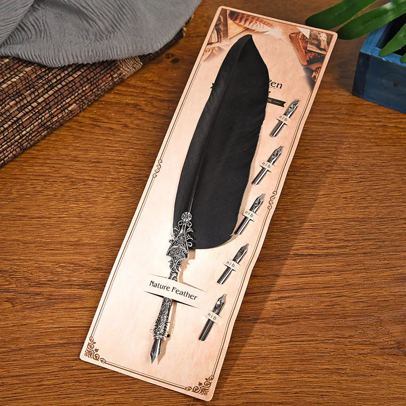 Vintage-style feather dip pen with metallic finish in choice of 10 colours for calligraphy writing