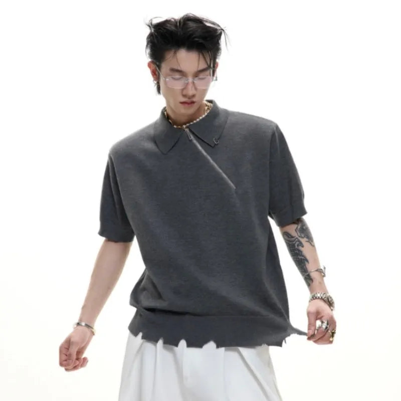 Men's slim-fit knitted polo shirt with oblique zipper and lapel collar in black colour