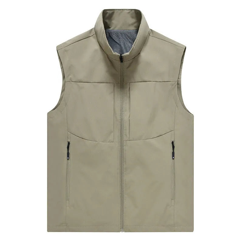 Men's loose fit cardigan vest in polyester with stand collar and zipper pockets for outdoor photography and fishing