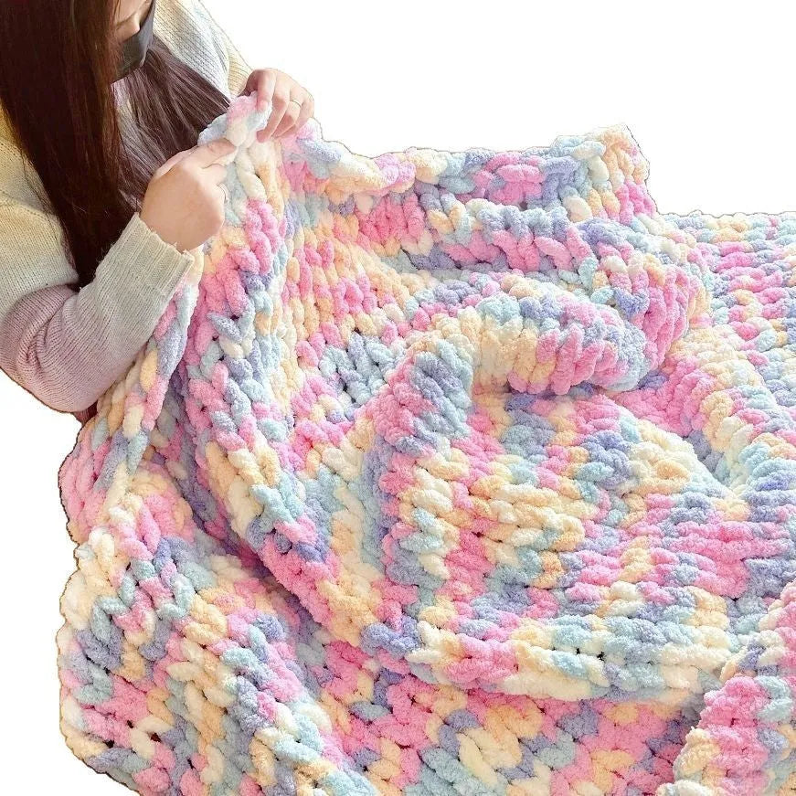 Coarse yarn chenille knitted blanket with braided edges showing texture detail, available in 12 sizes from 50cm to 200cm