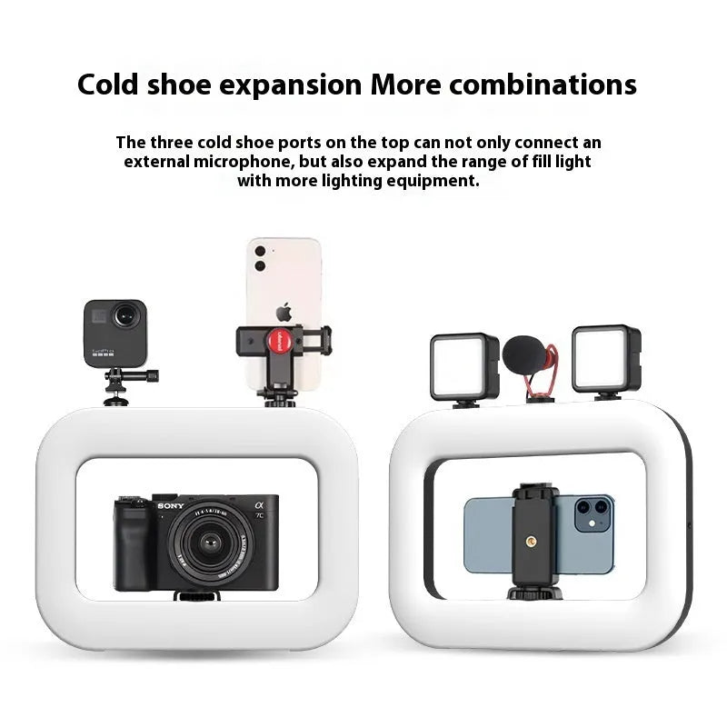 Mobile phone fill-in light with rechargeable holder and metallic desktop bracket for outdoor shooting