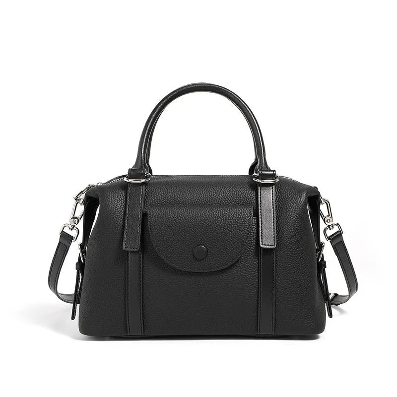 Genuine leather ladies' handbag in elephant grey with contrast stitching and lock detail, 27x12x20cm