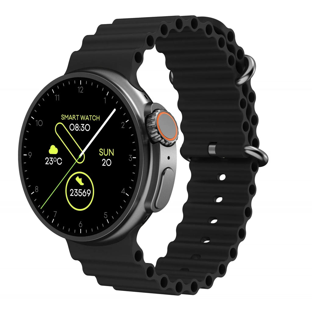 K9 smart watch with black silicone strap and round screen showing fitness stats.