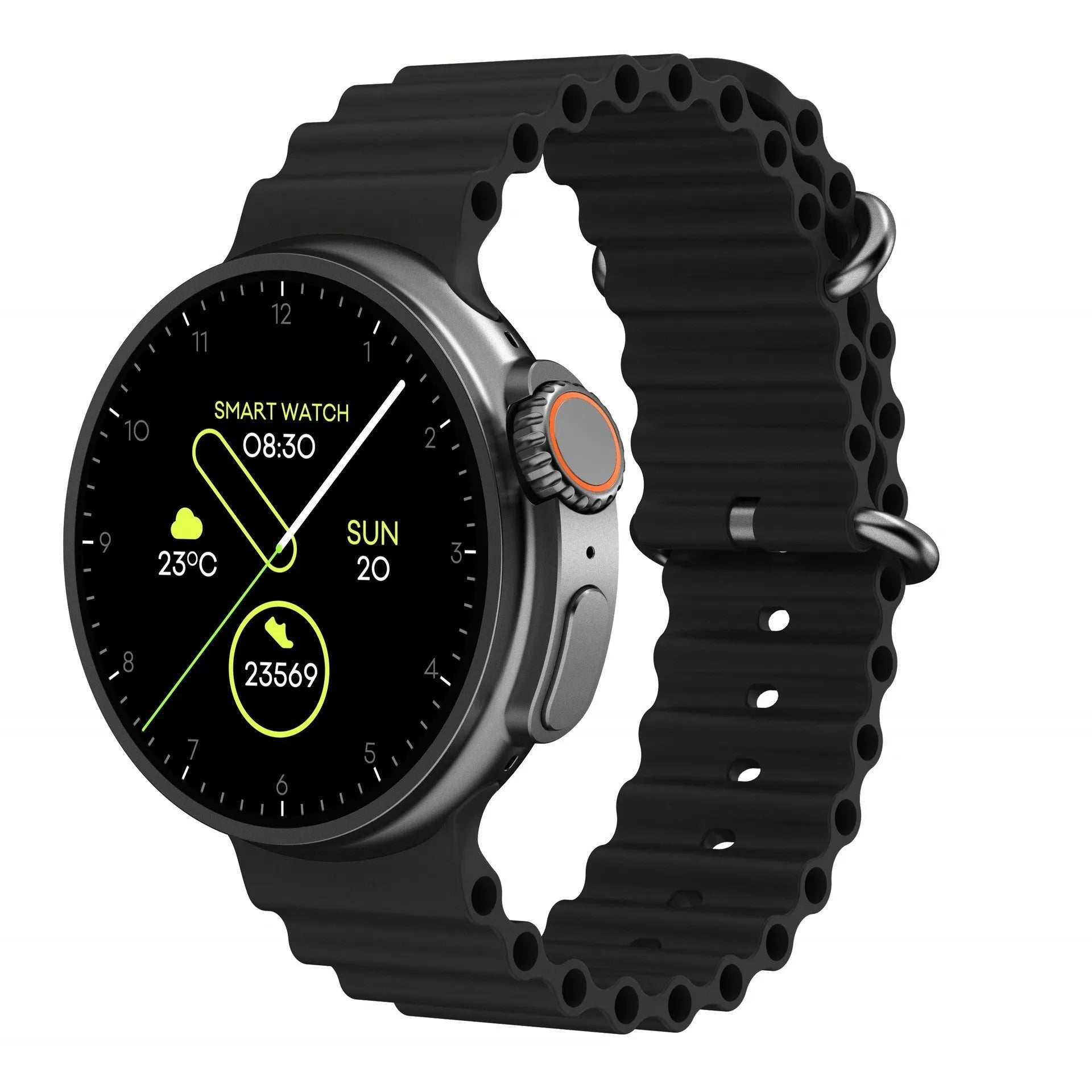 K9 smart watch with black silicone strap and round screen showing fitness stats.