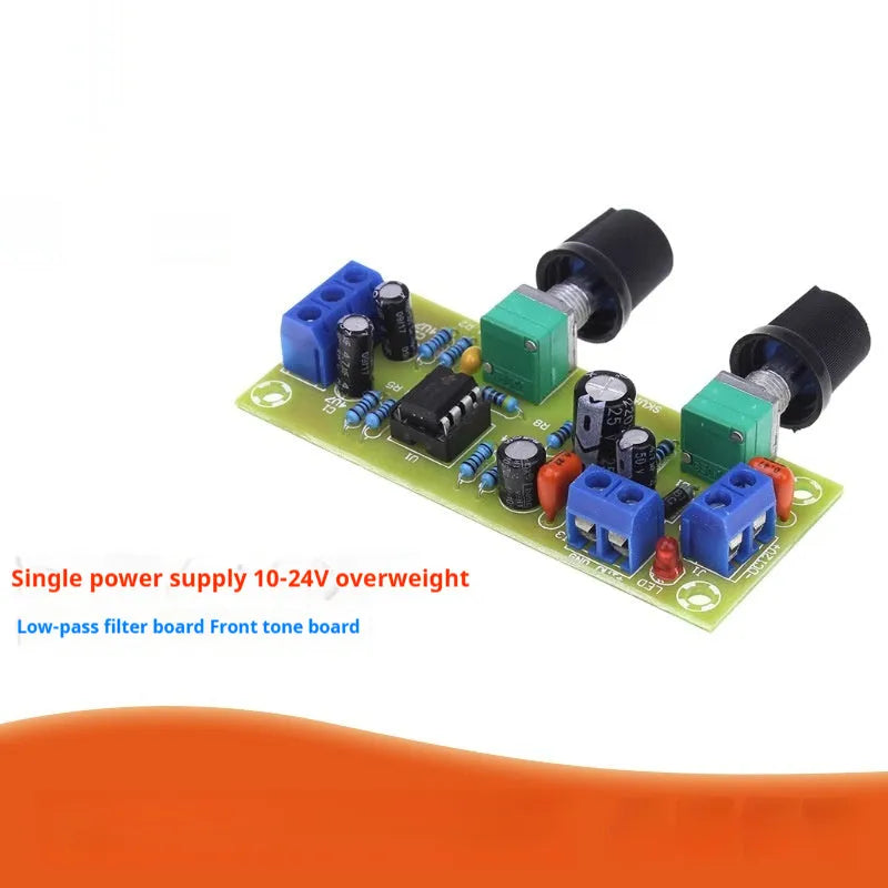 Single power supply 10-24V bass boost front stage board with FR-4 fibreglass PCB measuring 78x32mm