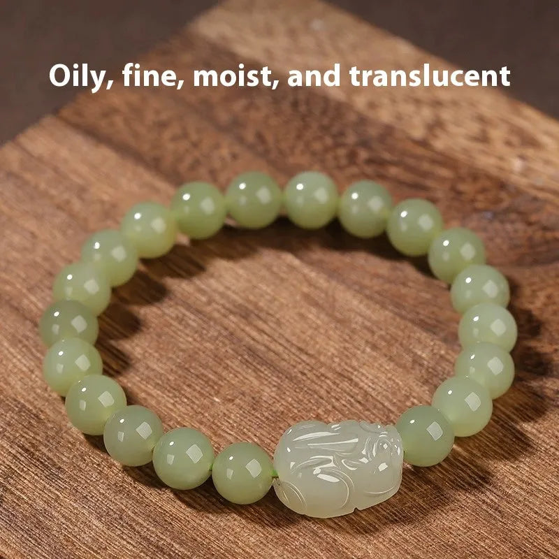 Grey Hetian jade leather show bracelet for women in ethnic style with polished beads