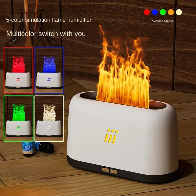 Black flame aroma diffuser humidifier with LED lights creating flame effect on wooden table