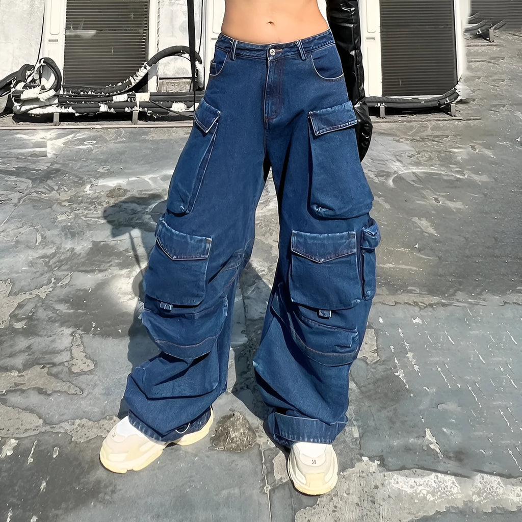Dark blue distressed wide-leg women's jeans with a high waist and multiple pockets on a mannequin.