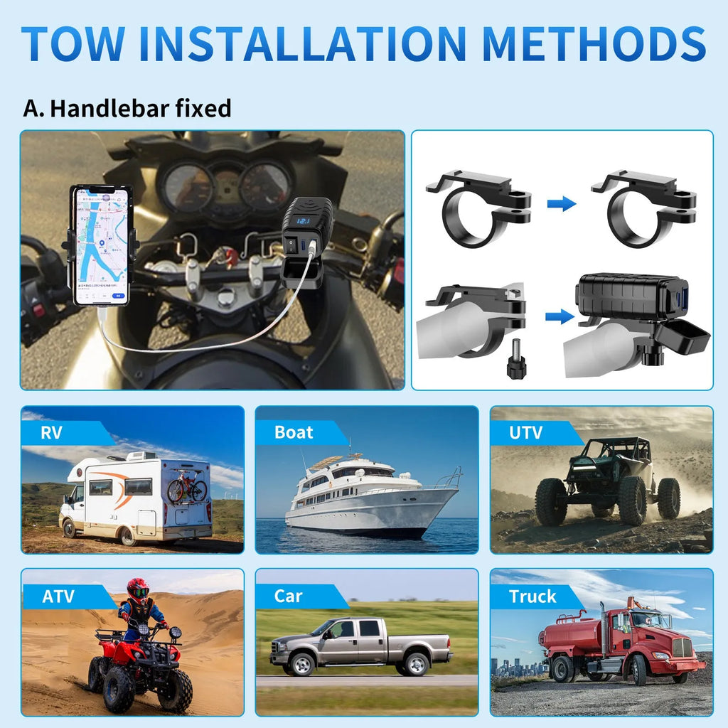 Motorcycle phone charger with waterproof digital display, blue screen, and 150cm cable.