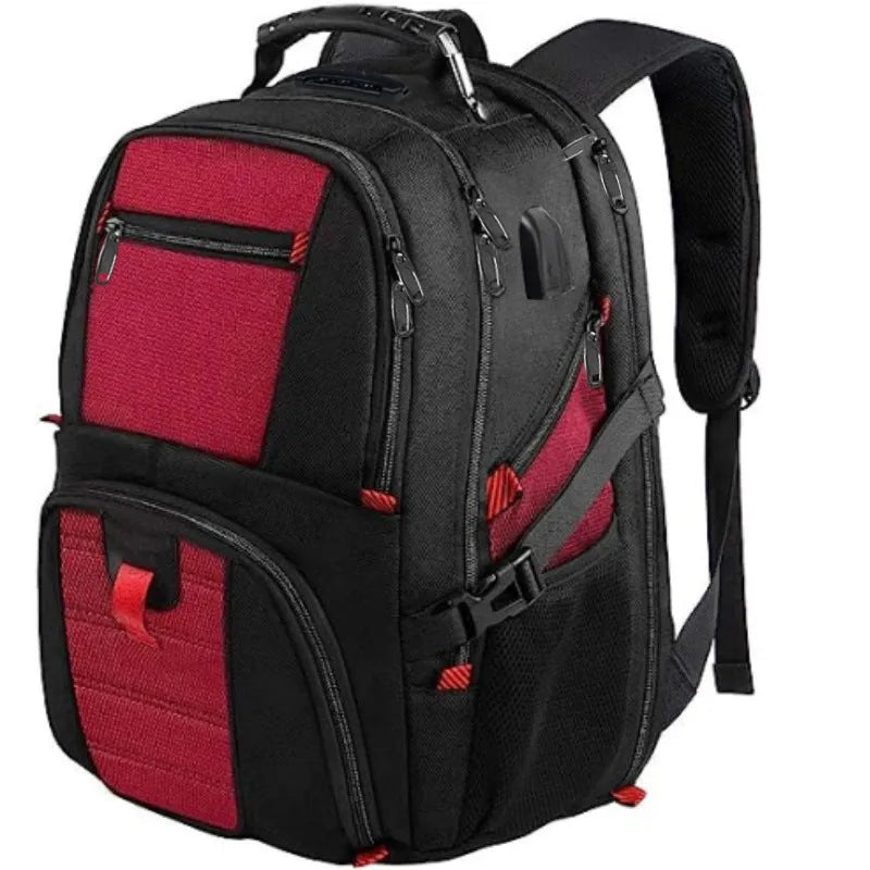 Large unisex USB charging backpack in black, showing front design and curved shoulder straps.
