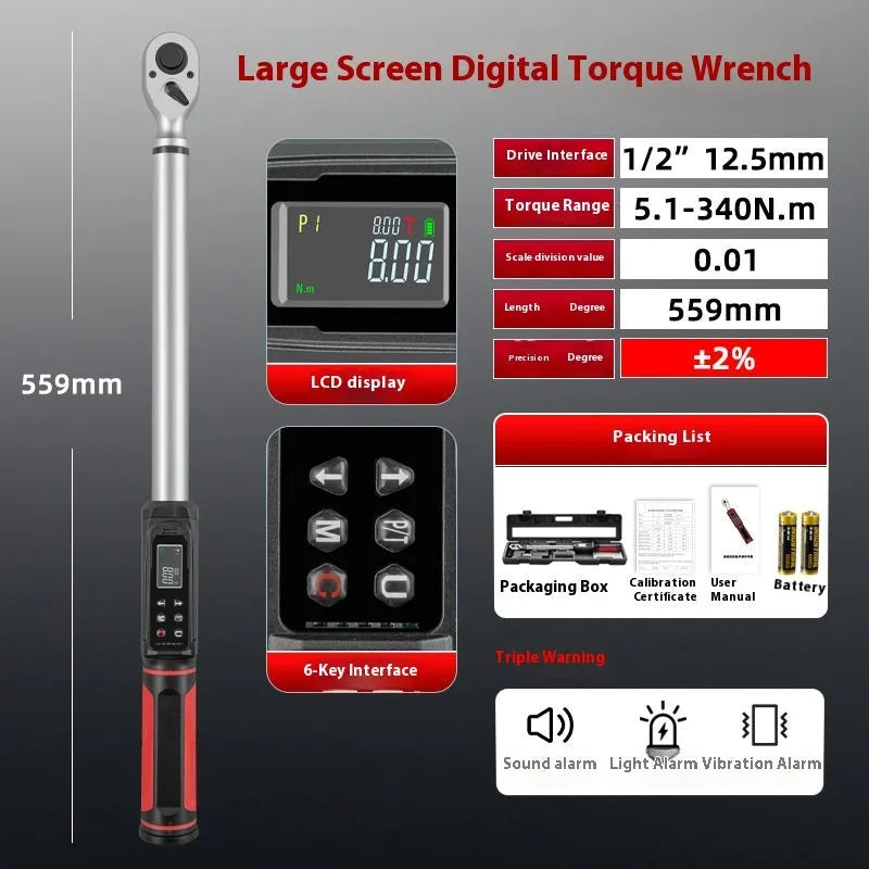 Electronic digital display torque wrench showing torque measurement with triple warning indicators