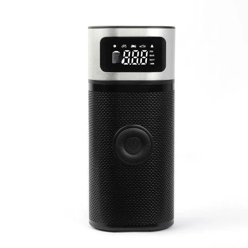 Black portable wireless smart air pump with LCD screen, LED light, inflation tube, and multiple nozzles on a white background.