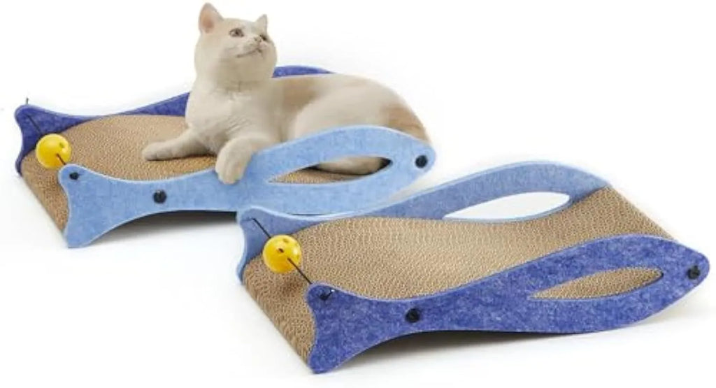 Blue fish-shaped cat scratcher with bell ball toy on elastic cord, dimensions 46x25x10cm