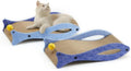 Blue fish-shaped cat scratcher with bell ball toy on elastic cord, dimensions 46x25x10cm