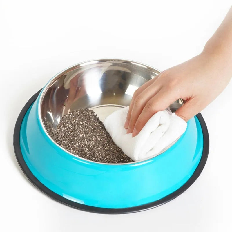 Stainless steel pet bowl with colourful melamine exterior and non-slip base for pet feeding