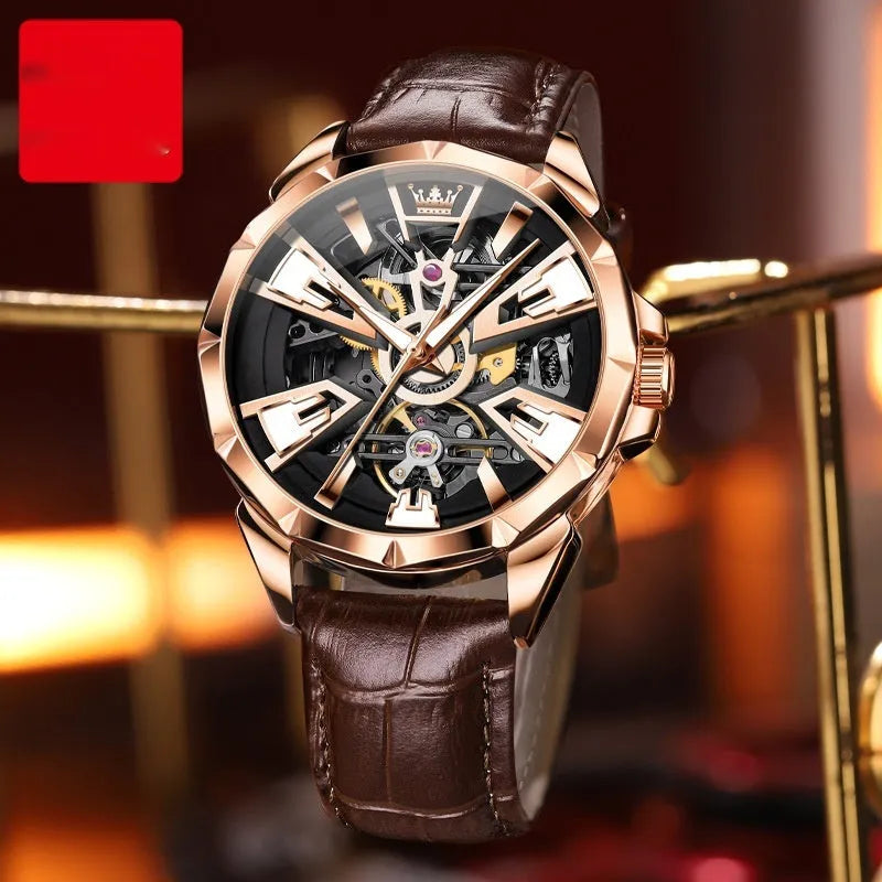 Men's automatic mechanical watch with transparent case back showing movement and 44mm barrel-shaped dial